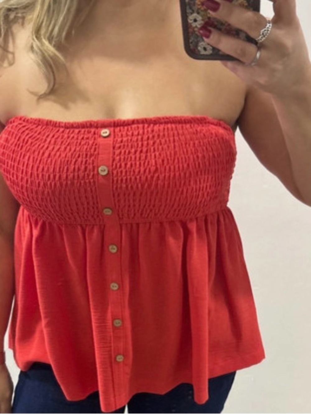 Smocked Strapless Button-Front Crop Top in Red